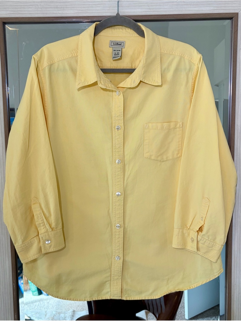L L Bean Womens Button Down Shirt 100% Cotton Yellow 3/4 Sleeves Pocket size XL